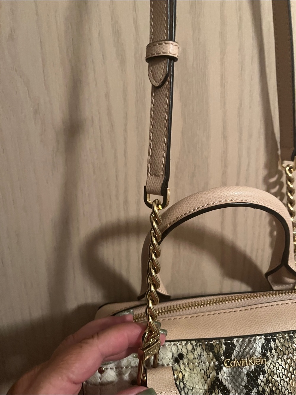 Calvin Klein Blush Beige Python-Print Satchel - Picture 7 of 13